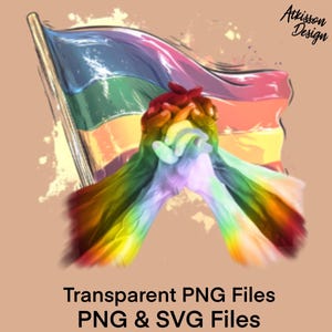 ゲイの多様性と包摂性 PNG 昇華グラフィック レインボーフラッグ SVG クリップアート 手の画像 Tシャツデザイン LGBTQ プライド インスタントデジタルダウンロード