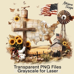 Puede incluir: Una ilustración digital de una escena de granja rústica con una cruz, girasoles, pollos, un molino de viento, un granero y un mapa de los Estados Unidos. El texto "America the Beautiful" está en el granero.