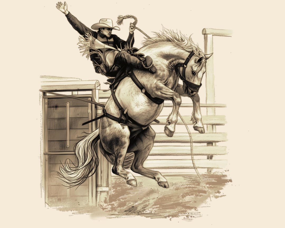 Bareback Bronc Riding Rodeo Scene, PNG JPEG Western Cowboy Drawing ...