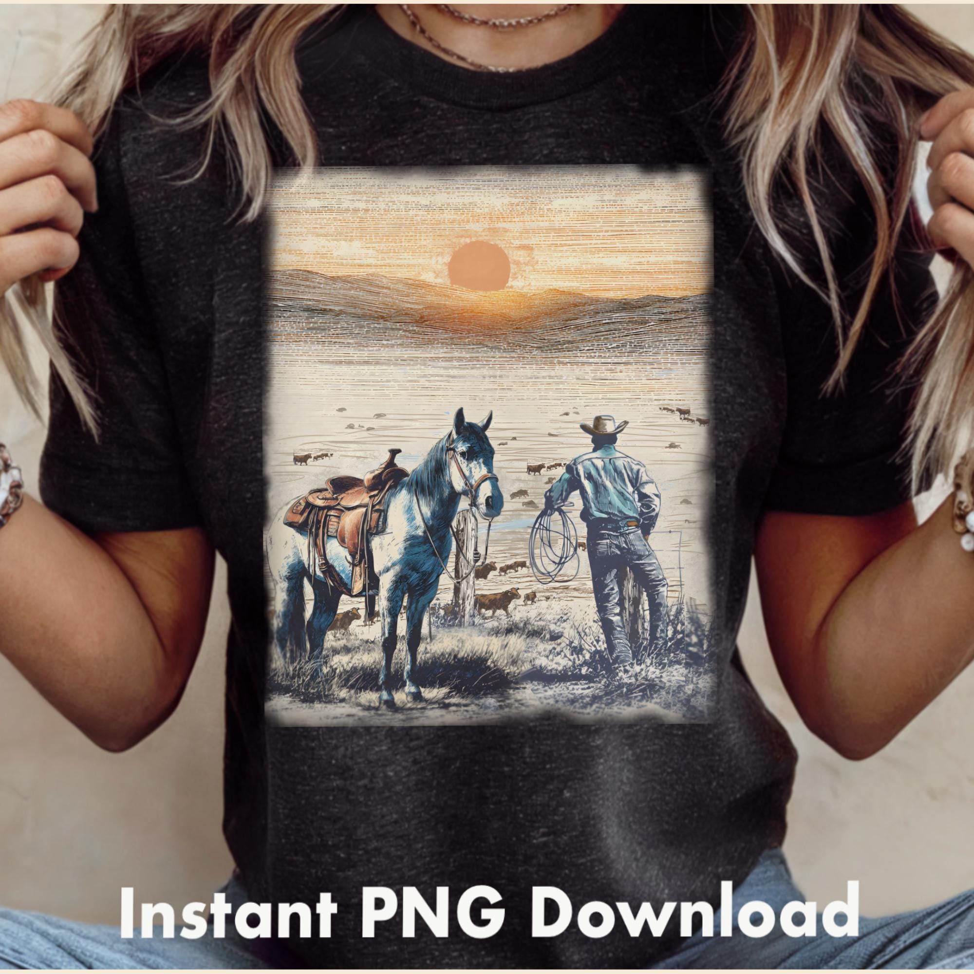 Western Ranching Graphics Cattle Ranching Cowpoke & Horse PNG JPEG Vintage Western Cowboy Sketch ...