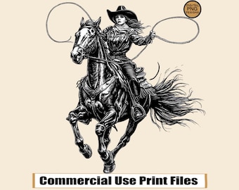 Op de afbeelding: Zwart-witte illustratie van een vrouw die op een paard rijdt terwijl ze een lasso vasthoudt. De vrouw draagt een cowboyhoed en een shirt met lange mouwen. Het paard rent en zijn manen wapperen in de wind.
