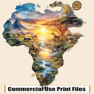 May include: A digital illustration of the continent of Africa with a sunset sky and a river flowing through the centre. The continent is filled with various animals, including zebras, elephants, and giraffes. The image is surrounded by a light brown background with the text "Commercial Use Print Files" at the bottom.