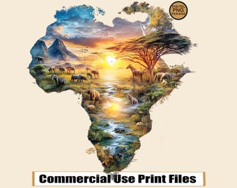 African Continent Silhouette PNG Sublimation Design Double Exposure Wildlife PNG Clipart Savanna T-Shirt Design Instant Digital Download PNG
