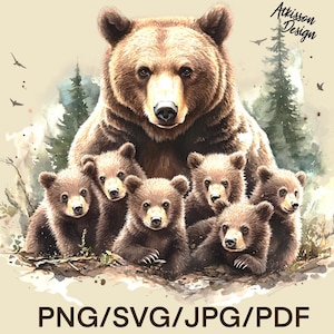 Grizzly Bear moeder PNG sublimatie ontwerp zes babywelpen PNG clipart Wildlife png T-shirt ontwerp aquarel instant digitale downloadbestand