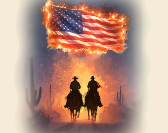 Patriotyczny western z motywem gwiaździstej nocy w formacie PNG, flaga USA i projekt kowbojów, grafika na Dzień Pamięci (natychmiastowe pobranie cyfrowe)