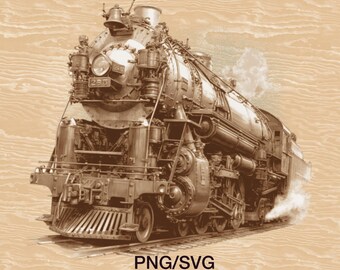 Tren de vapor antiguo SVG PNG, archivo para grabado láser, arte de locomotora grabada, plano histórico de ferrocarril, diseño de motor de tren
