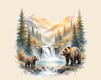 Scena z dzikiej przyrody Grizzly w formacie PNG, obraz miłośnika zwierząt, grafika zewnętrzna do sublimacji, DTF, wydruk (natychmiastowe pobranie cyfrowe)