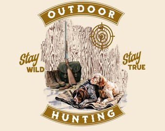 Psy myśliwskie, broń i sprzęt – projekt PNG, obraz dla miłośników psów, grafika do sublimacji, DTF, wydruk (natychmiastowe pobranie cyfrowe)