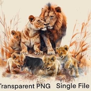 May include: A watercolour painting of a lion family. A male lion and a female lion are standing together, with their heads touching. There are four lion cubs playing around them. The background is a watercolour wash of brown and orange, with tall grass.