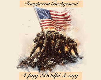 May include: A group of soldiers raising an American flag on a hilltop. The flag is red, white, and blue with stars. The soldiers are wearing military uniforms and carrying rifles. The background is a watercolor-style painting of a cloudy sky.