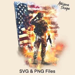 Diseño de sublimación PNG de soldado saludando, clipart vectorial de bandera estadounidense, diseño de camiseta de fuegos artificiales SVG, descarga digital instantánea del 4 de julio, archivo PNG