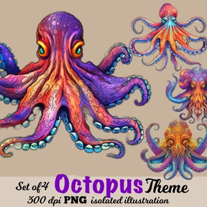 PNG Octopus Trippy Psychedelic Sea Creatures, vtuber asset, Set of 4 png transparent illustrations, free commercial use