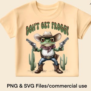 Schattige cowboy kikker PNG T-shirt sublimatie grafische grappige westerse cartoon clipartafbeelding twee pistool vector SVG ontwerp instant digitale download, png