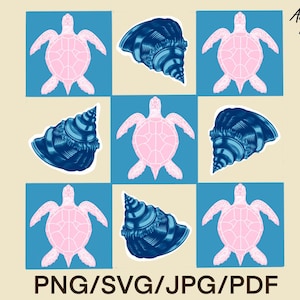 Tortuga marina y caparazones PNG Diseño de sublimación Cuadrícula 3X3 SVG Clipart Vida marina PNG Diseño de camiseta Geométrico Descarga digital instantánea PDF