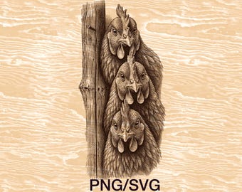 Tres gallinas apiladas (archivo SVG), grabado láser PNG, arte de decoración de granja, diseño de gallina y gallo de granero, vida en la granja de animales