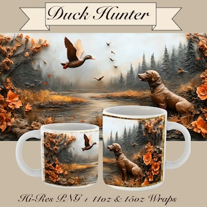 Taza llena de 11 oz y 15 oz de Labrador de chocolate con diseño de caza de patos PNG de alta resolución para exteriores, escena de caza de patos, perro retriever, sublimación