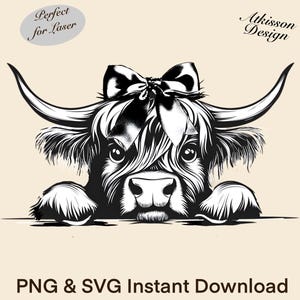 Vaca de las tierras altas que mira fijamente, grabado láser, PNG, animal de granja, blanco y negro, vector SVG, silueta de pelo largo peludo, moño de coqueta, diseño de sublimación
