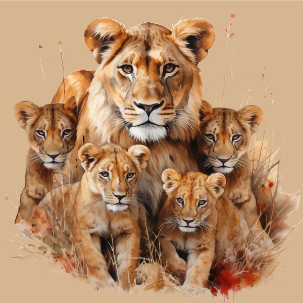 PNG lioness and 4 cubs, high resolution, 300 dpi, transparent background