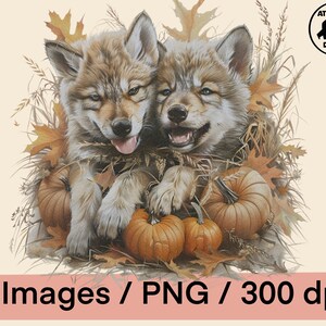 May include: Two brown and gray wolf pups with brown eyes are nestled in a pile of fall leaves and pumpkins. The pups are looking at the camera and have their tongues sticking out.