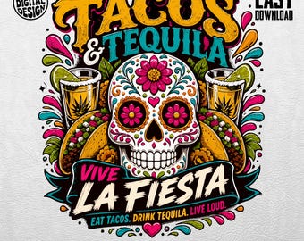 Descarga digital PNG de Tacos y Tequila, SVG de Calavera de Azúcar del Día de Muertos, Archivo de imágenes prediseñadas para fiesta mexicana instantánea