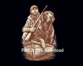 Archivo SVG de perro cazador en bote para grabado láser, diseño PNG de labrador retriever cazando, decoración vintage para exteriores, arte de escopeta