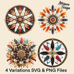 May include: Four variations of a mandala design featuring a circular pattern of feathers in red, white, blue, and black colors. The center of each mandala has a smaller circular pattern with gold accents. The background is a light beige color.