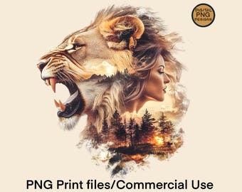 Lion and Woman Double Exposure PNG Sublimation Design Forest Wilderness PNG Clipart Strong Female T-Shirt Design Instant Digital Download