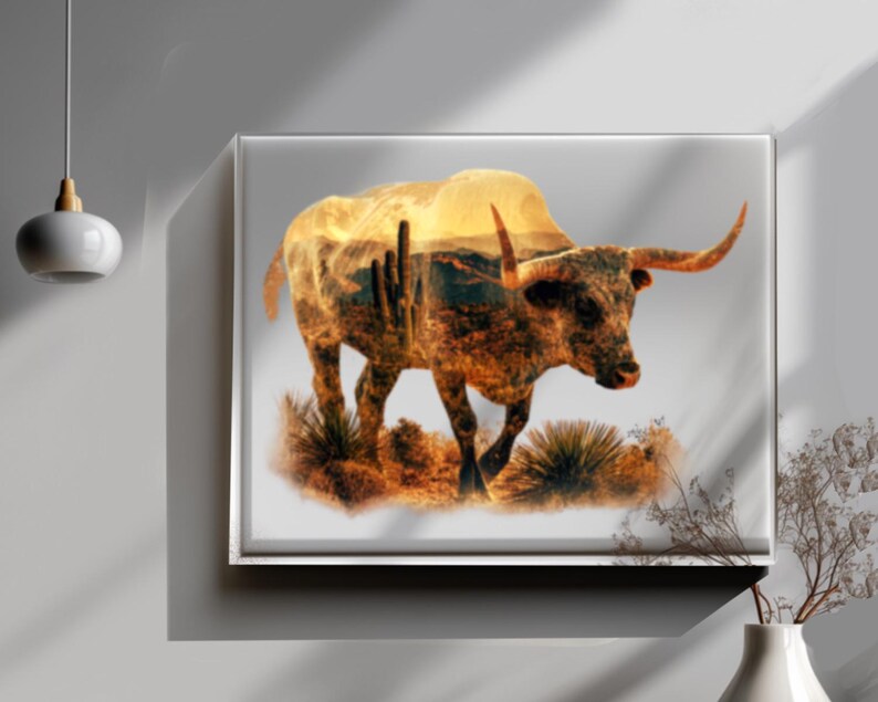 Overlay Bull Longhorn Bull Double Exposure PNG JPEG Wild West Graphic (instant ...