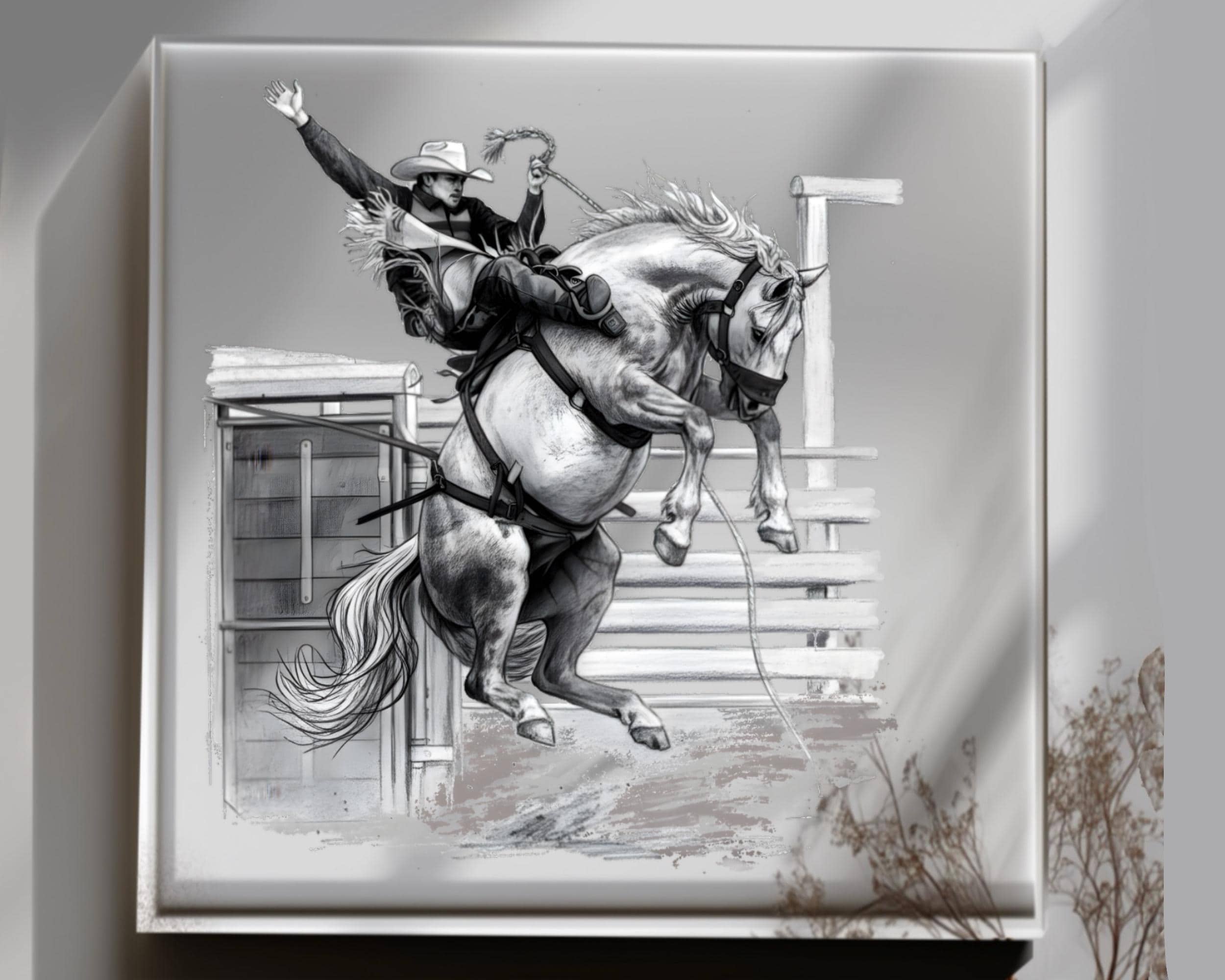 Bareback Bronc Riding Rodeo Scene, PNG JPEG Western Cowboy Drawing ...