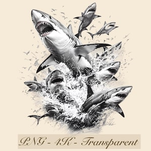 May include: A black and white illustration of a group of sharks jumping out of the water. The sharks are drawn in a realistic style, with sharp teeth and fins. The water is depicted as a splash of white and gray.
