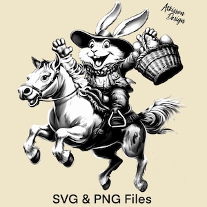 Easter Bunny Cowboy Laser Engrave PNG Rabbit Riding Horse Black and White Vector SVG Western Cartoon Silhouette Funny Sublimation Design