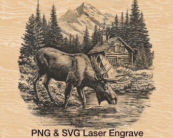 Escena de alce macho grabada con láser PNG, archivo de vida silvestre en la naturaleza listo para láser, cabaña rústica en un bosque para decoración de cabaña