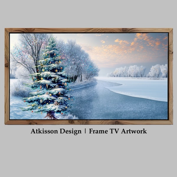 Snowy Landscape Samsung Smart TV Winter Landscape TV Screen Saver Art Christmas Tree Frame TV Picture Trees Icy Pond Snow 4K tv Wallpaper