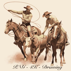 Cowboys Roping PNG Image Team Roping Digital Drawing Working Cow Horse Clip Art Calf Roping Graphic Rodeo Event Clipart Hi Res Printable png