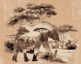 Słoń, podwójna ekspozycja, grawer laserowy, PNG, JPEG, szczegółowy rysunek afrykańskiej sawanny, natychmiastowe pobranie cyfrowe