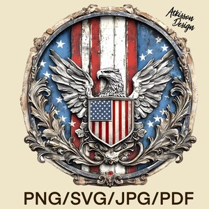 Eagle & American Flag Medallion PNG Sublimation Design Patriotic SVG Clipart Metallic Filigree png Shirt Design 3D Instant Digital Download