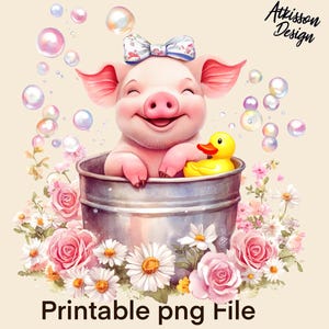 Diseño de sublimación PNG de dibujos animados de cerdito en un balde, margaritas y rosas, clipart PNG, diseño de camiseta de patito amarillo con burbujas, descarga digital instantánea
