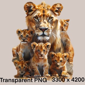 PNG Família Leão Orgulho de uma Leoa e 5 filhotes, alta resolução, fundo detalhado e transparente
