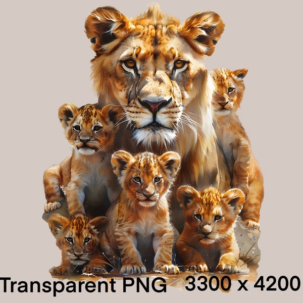 PNG Lion Family Pride a Lioness and 5 cubs, high resolution, detailed, transparent background