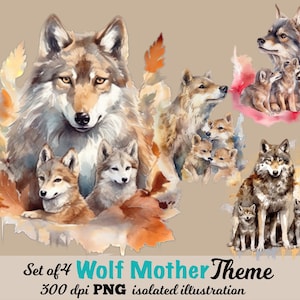 PNG Wolf Mutter und Baby Cubs Clipart, transparente png Illustration, Set aus 4 einzelnen Grafiken, kostenlose kommerzielle Nutzung