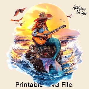 Cowgirl Mermaid PNG Sublimation Design Gitarre Spielen PNG Clipart Sea Witch Png T-Shirt Design Ocean Sirene Sofortiger digitaler Download PNG-Datei