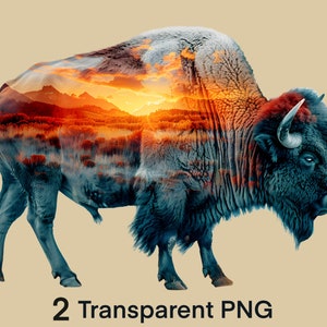 Animal Wildlife Clipart Sublimation PNG Buffalo Portrait Double Exposure Printable Bison Watercolor Design Transparent Background png