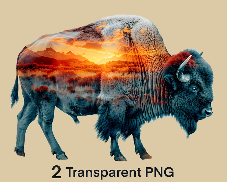 May include: A digital illustration of a bison with a landscape overlay. The bison is a dark teal color, with a sunset scene of mountains and trees visible within its form. The text "2 Transparent PNG" is at the bottom.