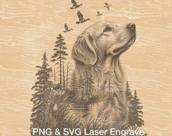 Archivo PNG de grabado láser de doble exposición de perro de caza de patos, escena de lago lista para láser de Golden Retriever en formato SVG, archivo imprimible para cazadores.