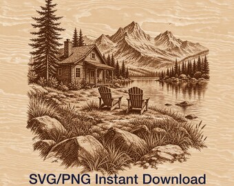 Archivo PNG para grabado láser de cabaña junto a un lago, escena SVG de bosque de montaña para decoración de cabaña de pesca (descarga instantánea)
