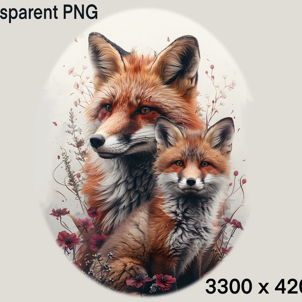 PNG Red Fox, Mother and Baby Fox Cub Portrait clipart,  high resolution, detailed, transparent background