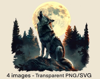 May include: A gray wolf howls at the full moon in a dark forest setting. The wolf is sitting on a rock with its head tilted back and its mouth open. The moon is bright and yellow, and the trees are silhouetted against the night sky.