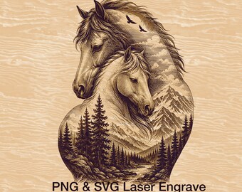 Dos cabezas de caballo entrelazadas PNG de doble exposición, arte mural rústico de montaña salvaje, archivo listo para láser para decoración de cabañas