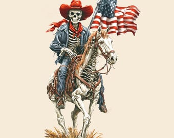 Szkielet kowboja i konia z flagą USA PNG, projekt zachodni, patriotyczna grafika do sublimacji, DTF, wydruk (natychmiastowe pobranie cyfrowe)