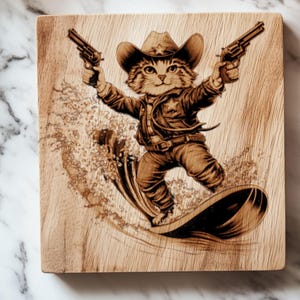 Surfing Cowboy Cat Laser Engrave PNG Surfboard Rider Black and White Vector SVG Western Cartoon Silhouette Cute Kitten Sublimation Design